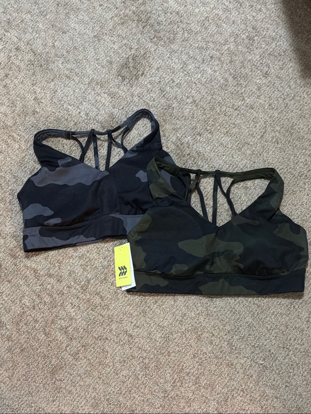 All in Motion Bundle: Camo Strappy Sports Bras in Olive & Charcoal